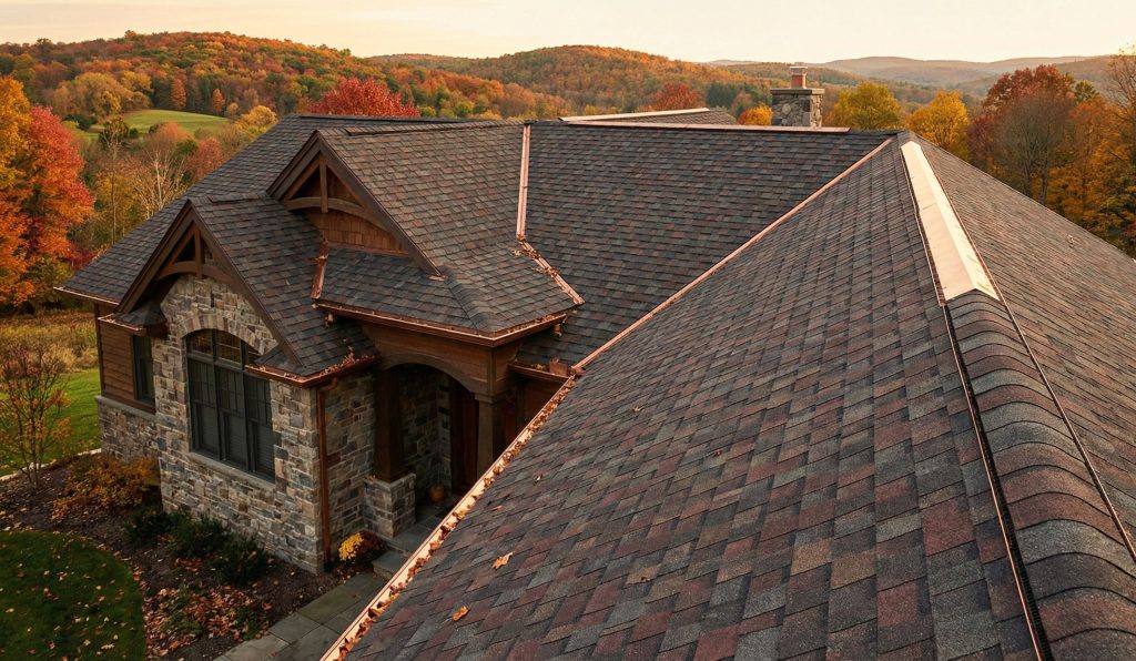 Architectural shingle roof on a stone home in autumn