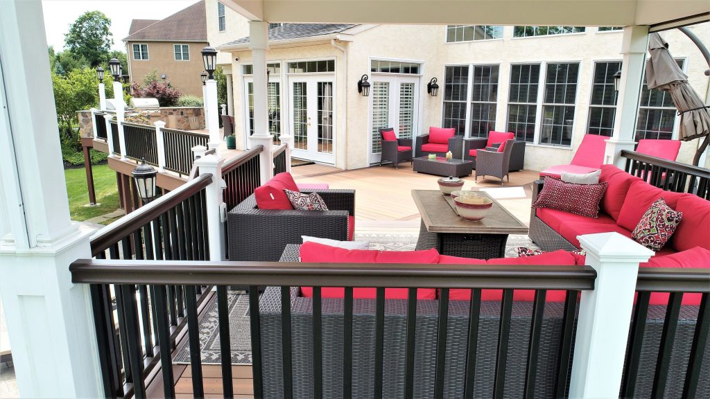 Aerial view of a deck gazebo with lounge seating