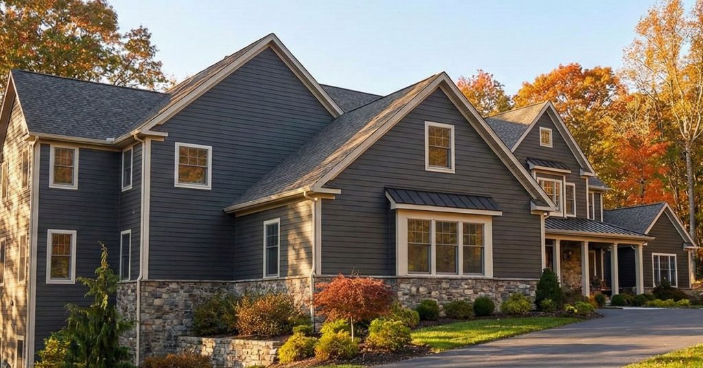 Dark lap siding on a two-story home with a stone base
